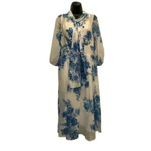 NWT VICKY AND LUCAS Blue and White Long Sleeve Neck BowKnot Fit and Flare Dress